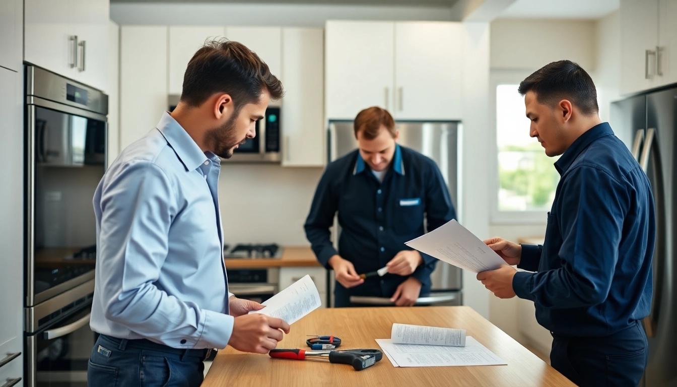 Inspecting home systems and appliance warranty features in a modern kitchen setting.