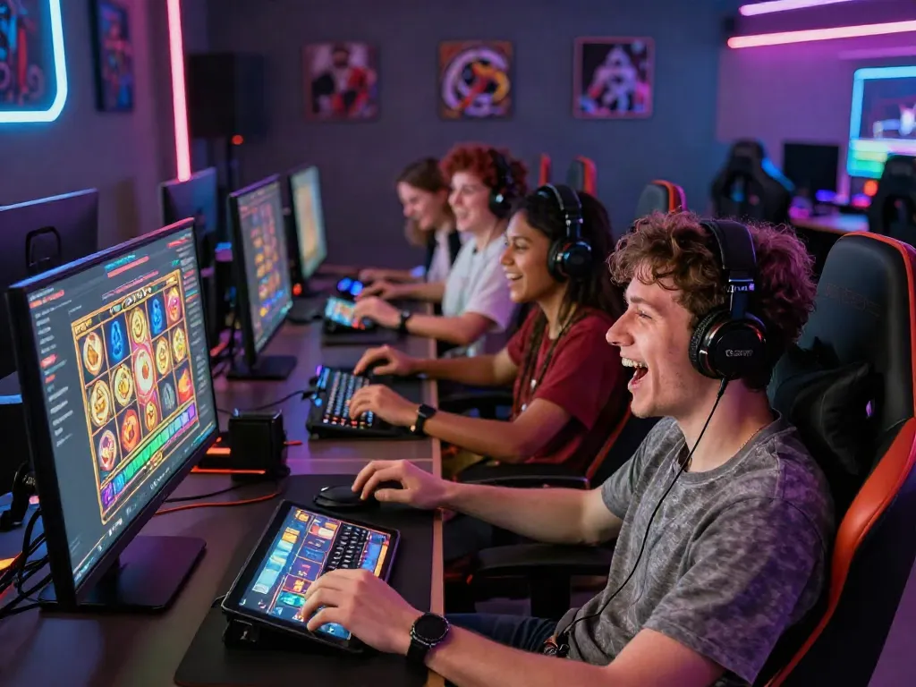 Players enjoying situs slot games on a vibrant online gaming platform, showcasing excitement and camaraderie in a stylish setting.