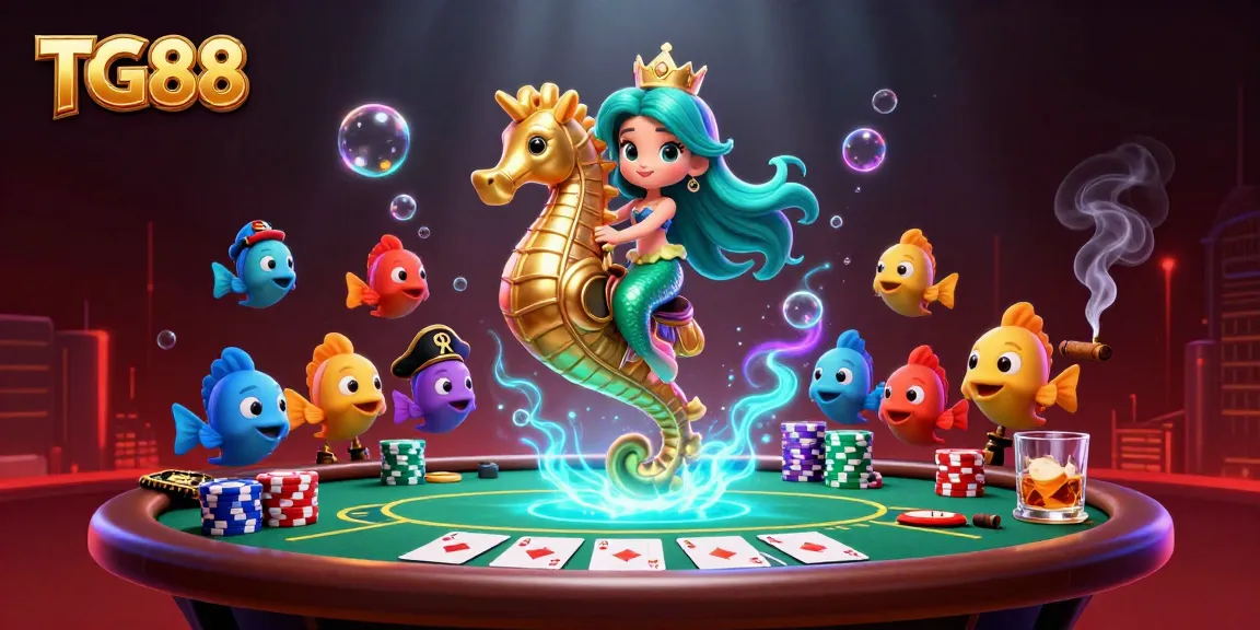 Experience thrilling gameplay with TG88, where a mermaid princess and seahorse ride among poker chips and vibrant underwater magic.