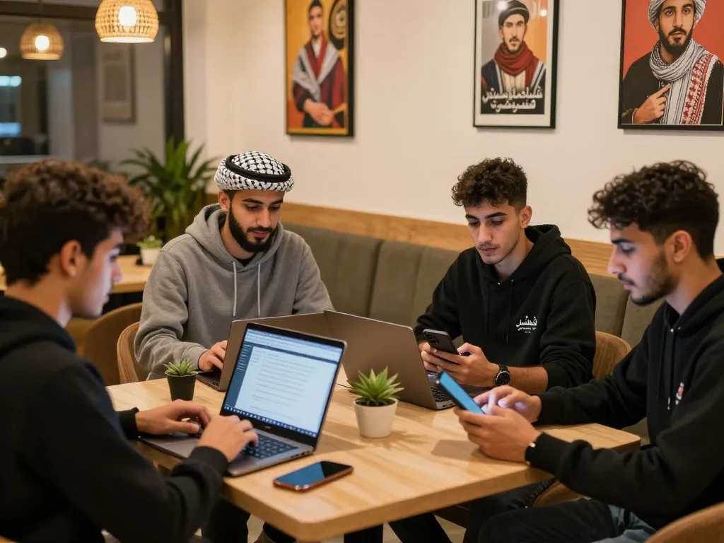 Engaged youth in شات فلسطين discussing ideas in a cozy café, showcasing modern communication.