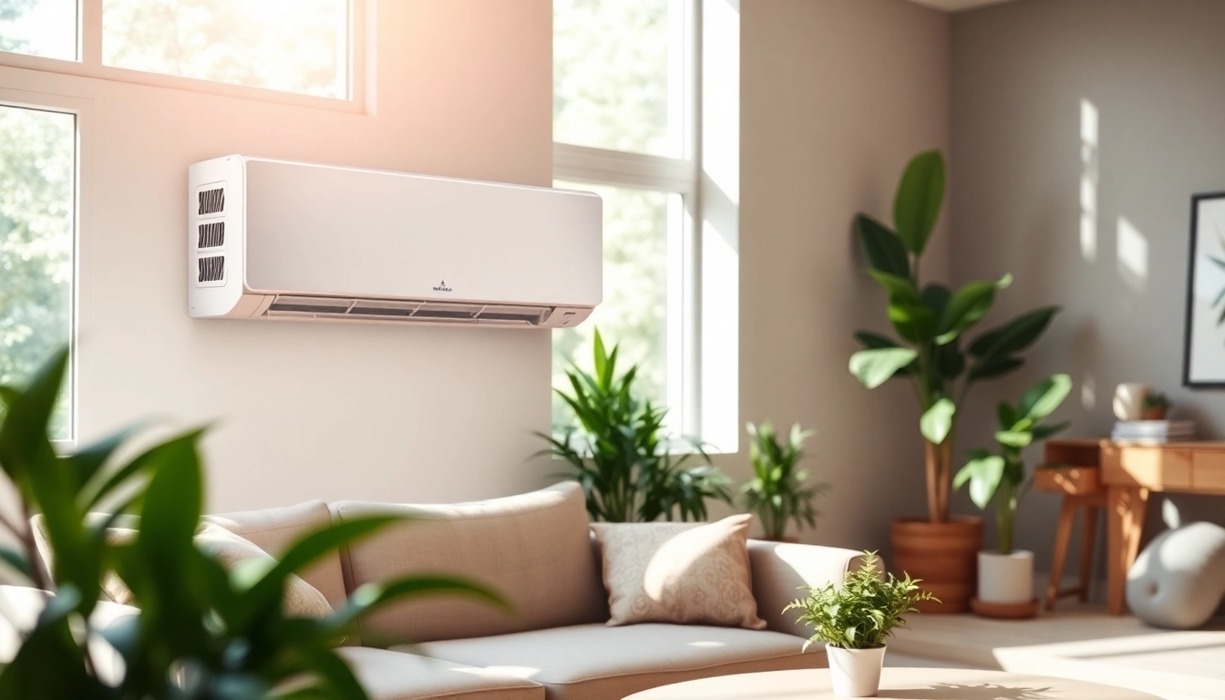 Visualize a Mitsubishi mini split AC unit in a cozy living room, emphasizing modern design and comfort.