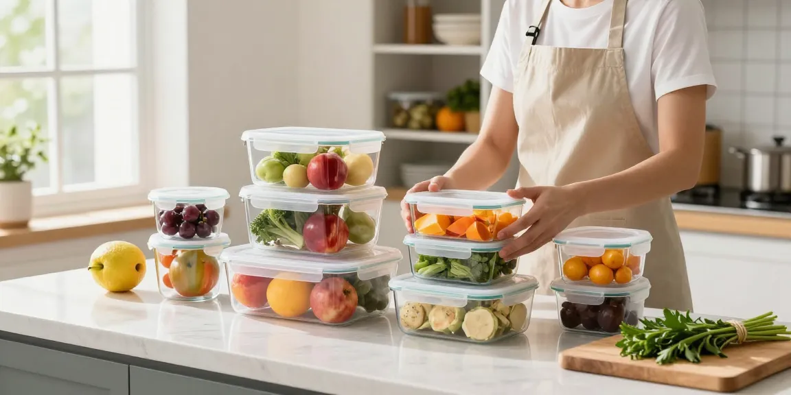 Fresh food storage containers with lids organized in a bright kitchen, showcasing vibrant ingredients.