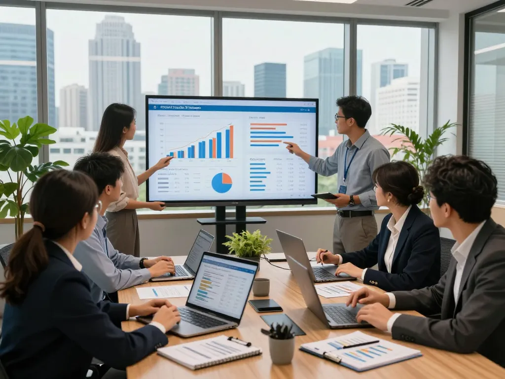 International project finance team analyzing data in a modern office.