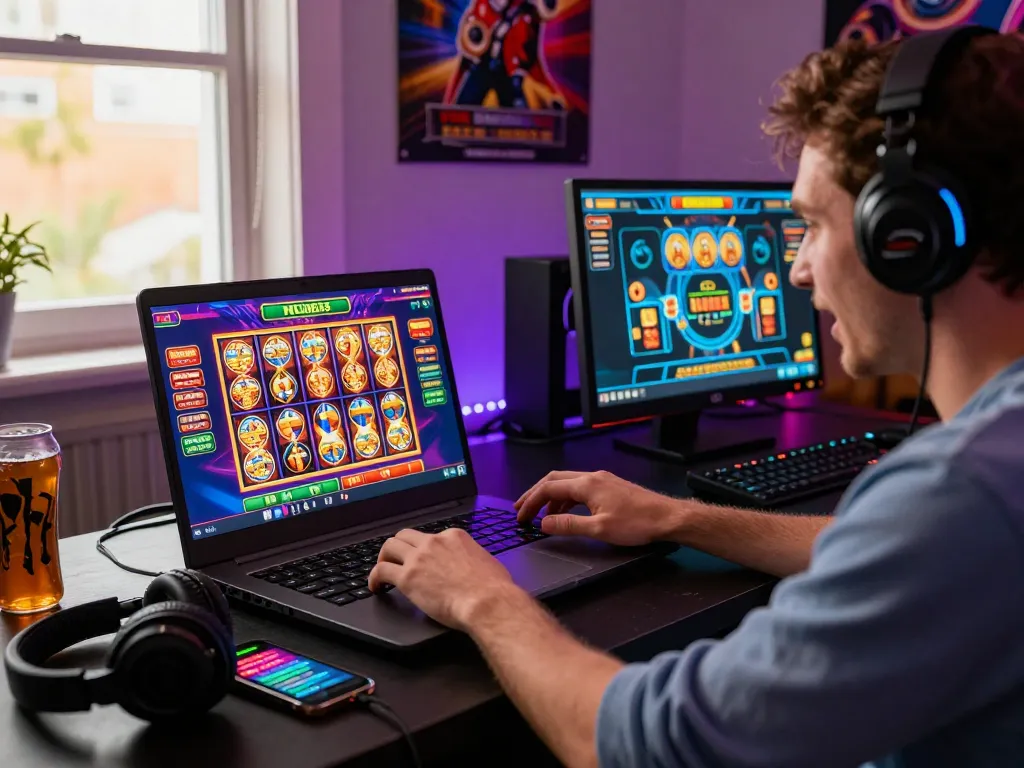 Excited gamer engaged in 789club online casino games, colorful virtual graphics and vibrant atmosphere.
