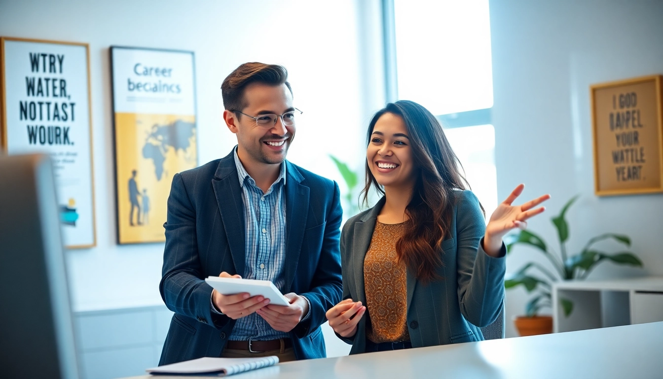 Engage in career coaching session with a professional coach in a vibrant office setting.