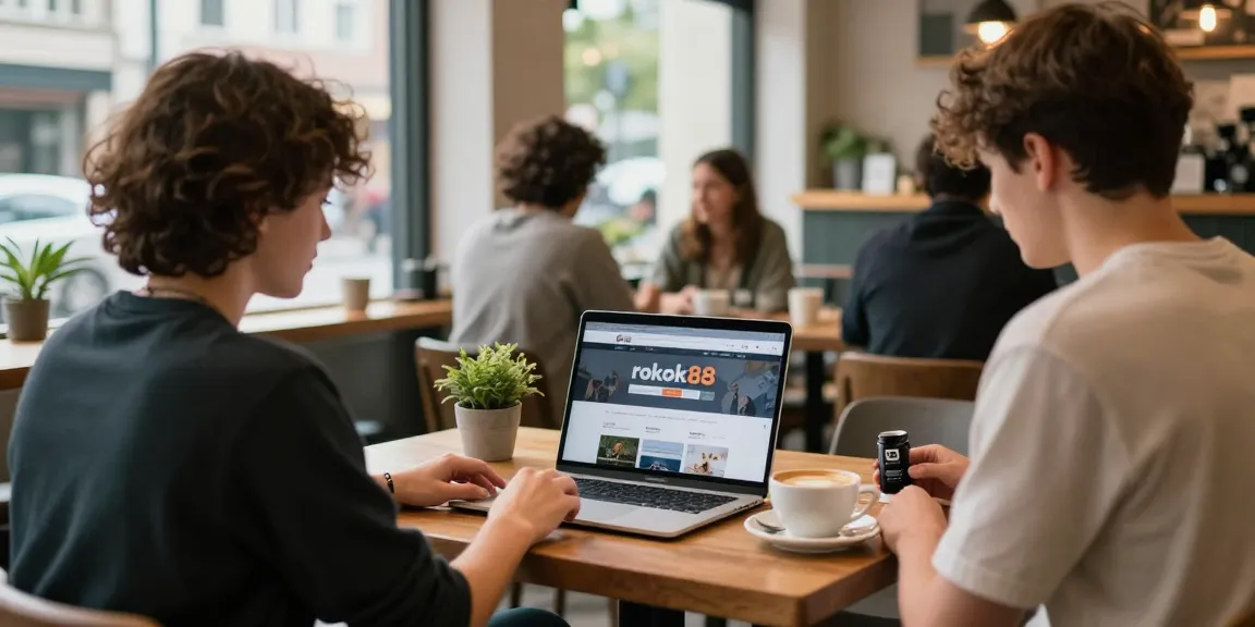 Youth enjoying coffee while working on rokok88 in a cozy café.