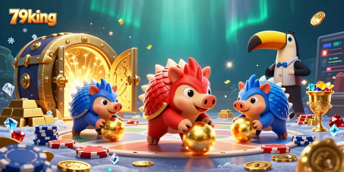 Engage in 79king’s thrilling 3D casino battle as rival pangolins roll through vibrant poker chips.