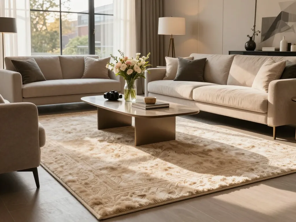 Luxury carpets London in a stylish living room with designer decor and natural light.