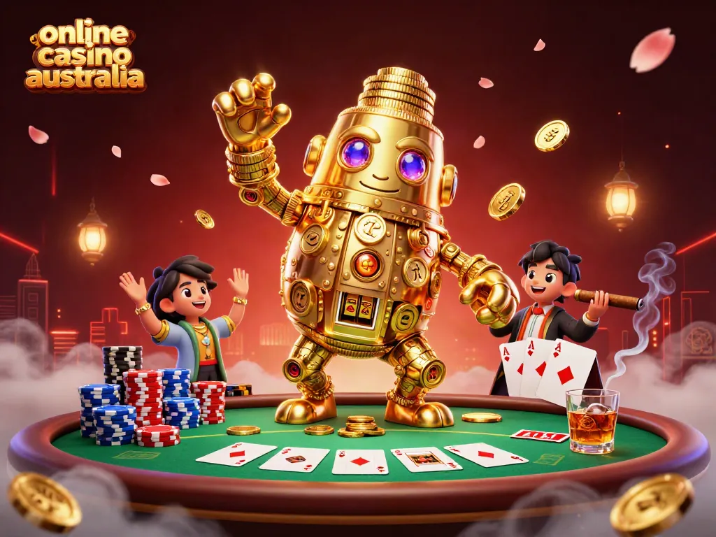 Engage with the vibrant energy of online casino Australia, featuring a golden golem surrounded by poker elements.