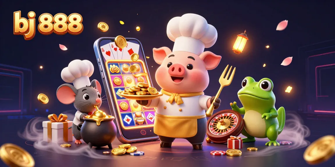 Experience the vibrant world of bj 888 with a chef pig serving gold coins, a sous-chef mouse, and a critic frog in a casino scene.