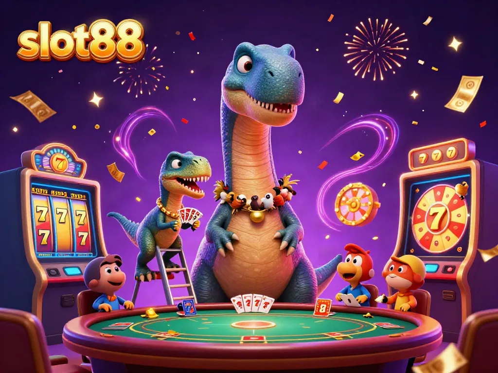 Permainan slot88 dengan atraksi brontosaurus di kasino, menangkap momen keberuntungan para gamers.