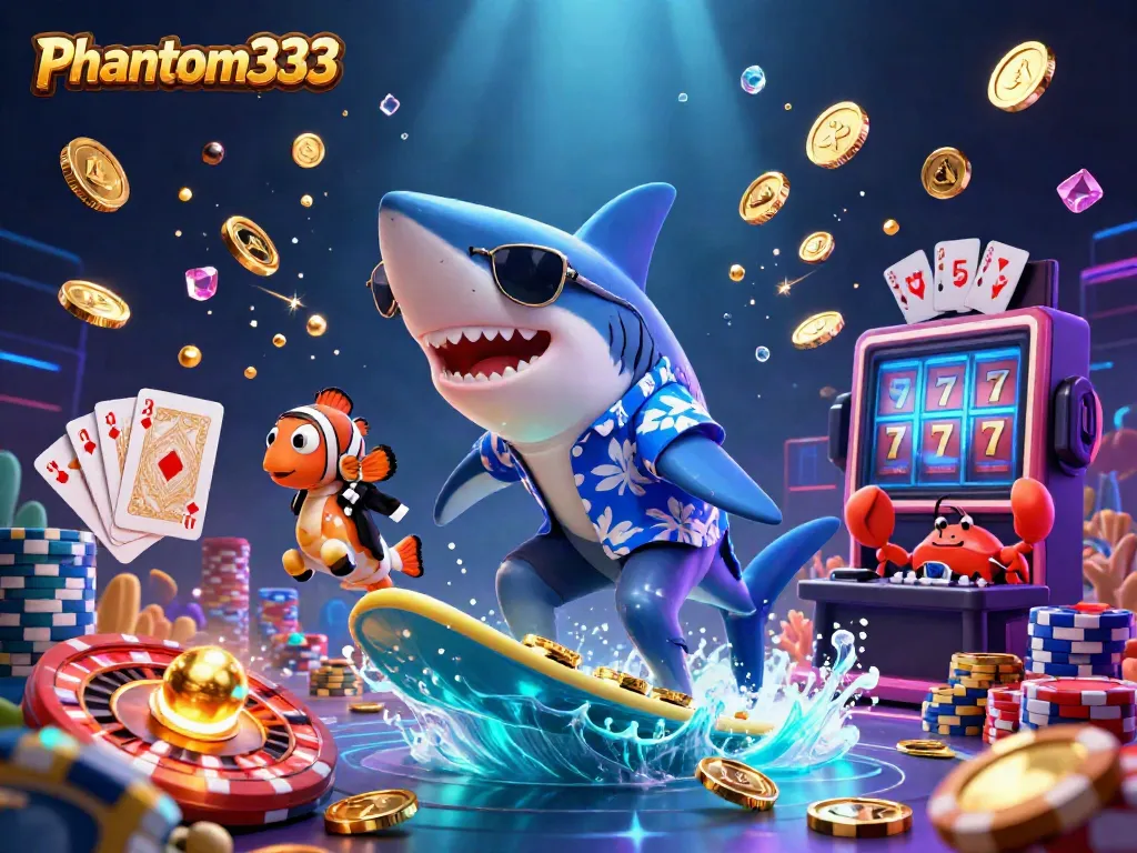 Engage with Phantom333's world of fun casino thrills through a vibrant 3D illustration of aquatic characters enjoying a lively game.