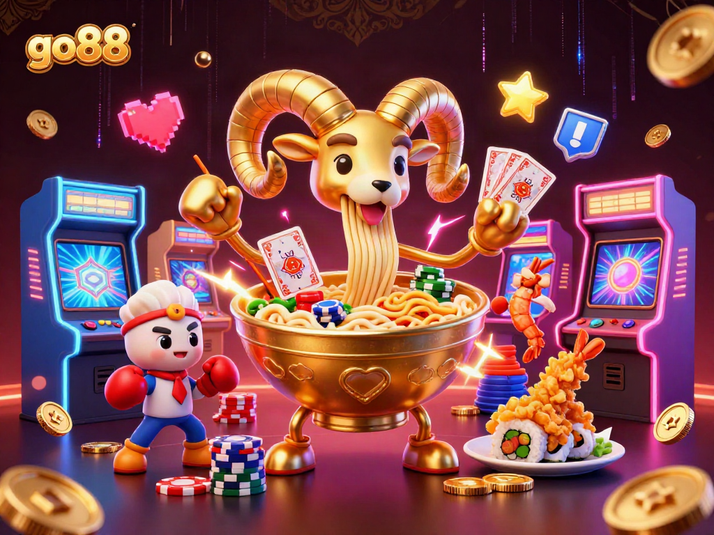 Engage in the vibrant go88 casino scene with cartoon characters and dynamic gaming elements.