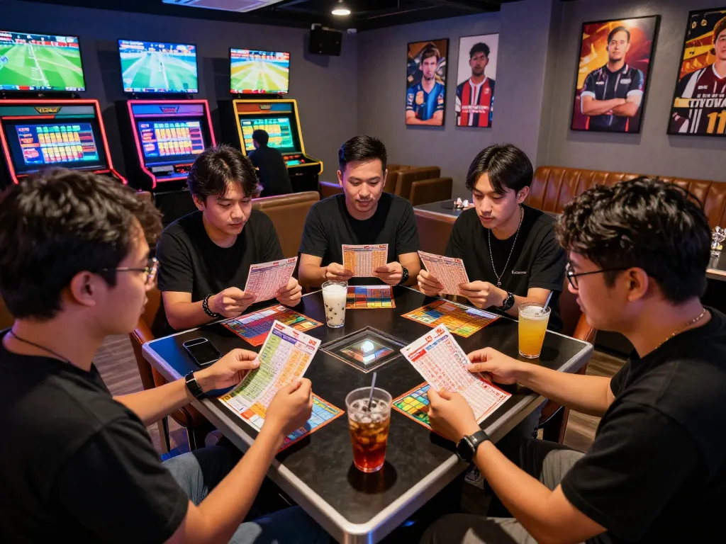 Sahabat merayakan hasil Keluaran HK sambil menganalisis slip taruhan lotere Data HK di lounge permainan yang semarak.