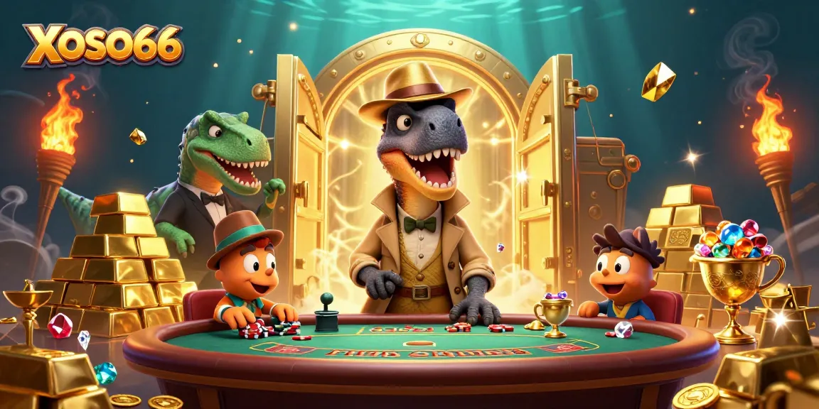 XOSO66 brings thrilling action with a velociraptor gambling at blackjack under sparkling treasure.