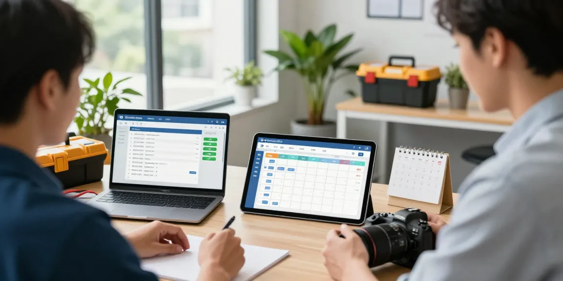 Service provider managing scheduling and payments with field service software in a modern office