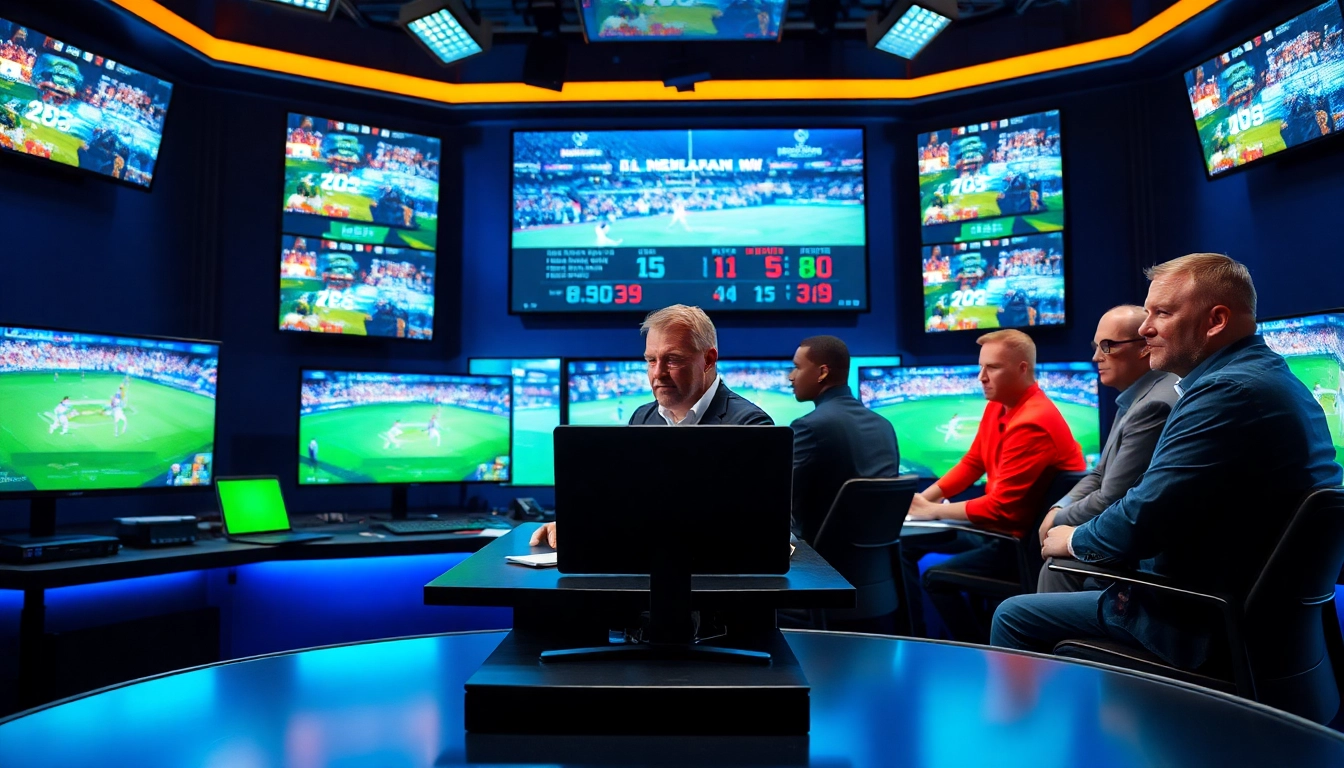 Engaging sports broadcasting professionals animatedly discussing a live event with dynamic visuals.