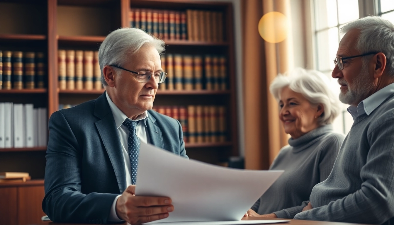 Legal advisor helping elderly couple understand the concept of an Enduring Guardian in a warm office.
