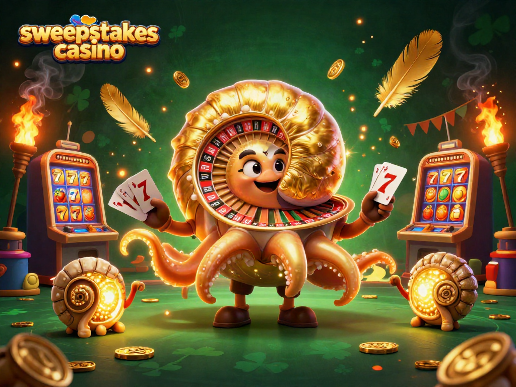 Engage with the sweepstakes casino in a vibrant 3D scene featuring a giant nautilus and casino elements.