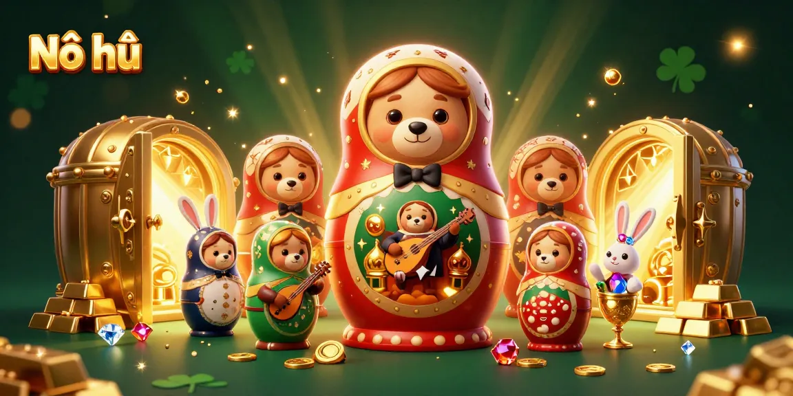 Nổ hũ excitement illustrated with 3D characters and vibrant casino treasures showcasing slot game features.