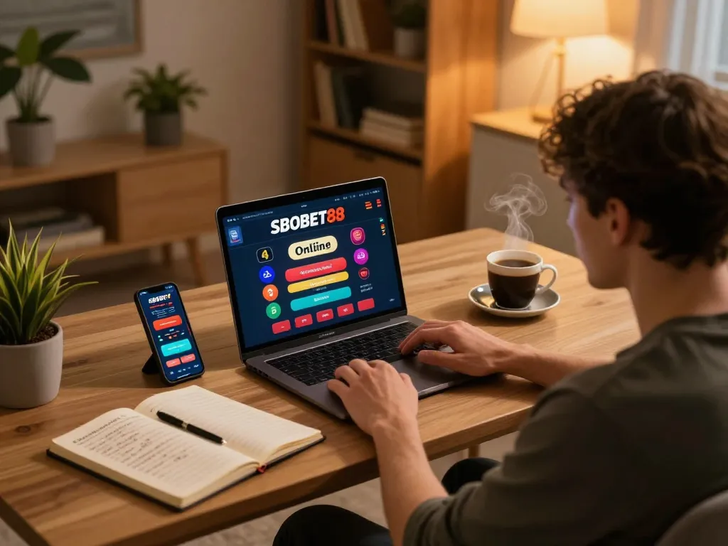 Permainan SBOBET88 di laptop selama sesi permainan di rumah yang menarik, menekankan pada taruhan strategis.