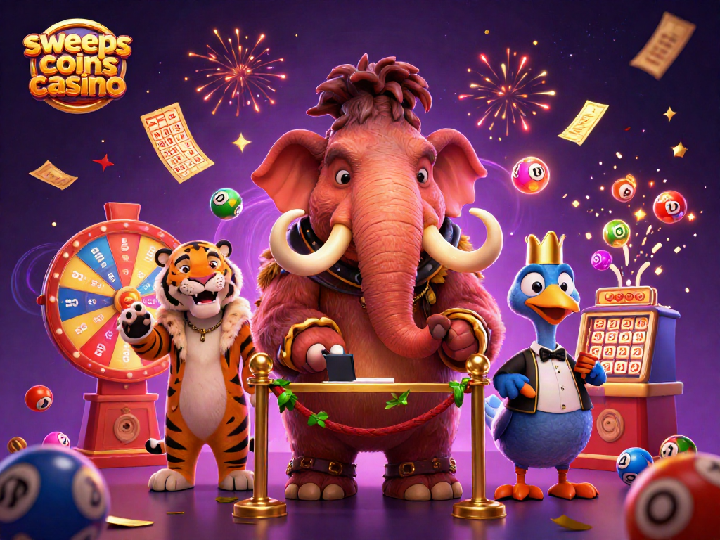 Experience the excitement at sweeps coins casino with dynamic lottery balls and vibrant characters.