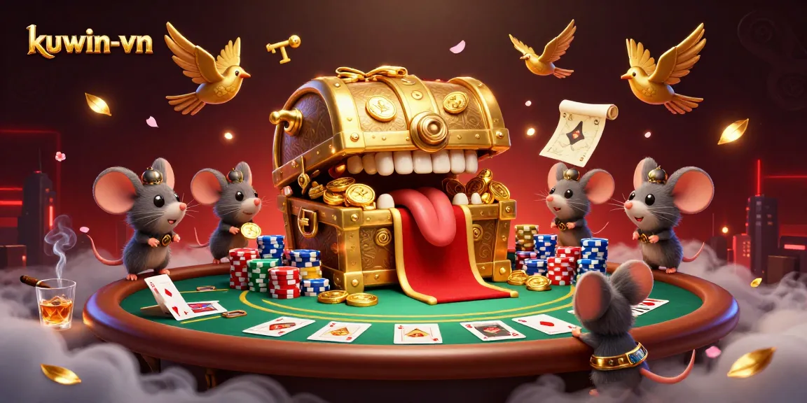 Engage with exciting gambling on kuwin-vn, featuring a vibrant casino scene with poker elements and treasures.