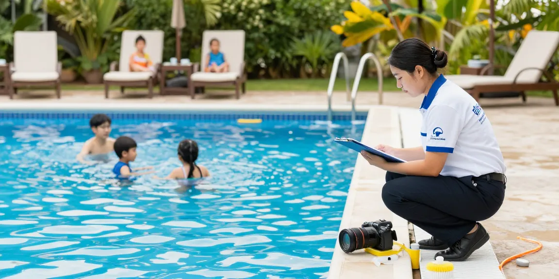 Dolphin Pool Services team member inspecting a pool with a family enjoying their summer day.