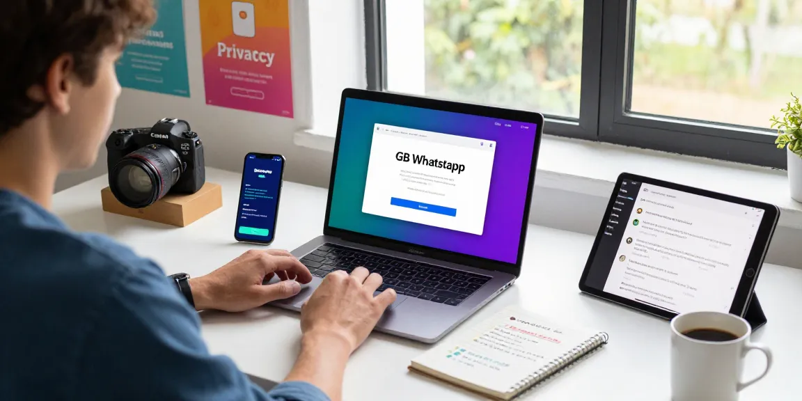 Person downloading GB WhatsApp on a laptop in a modern tech workspace with vibrant visuals and gadgets.