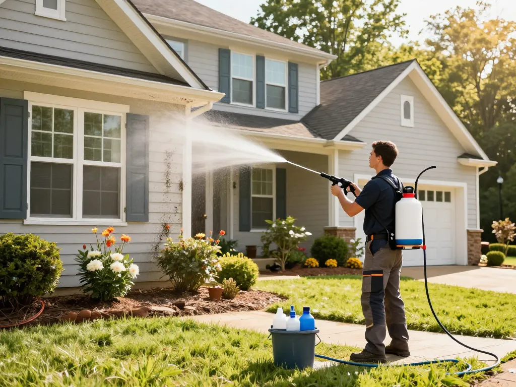 House washing Atlanta GA service technician using eco-friendly solution on a home exterior.