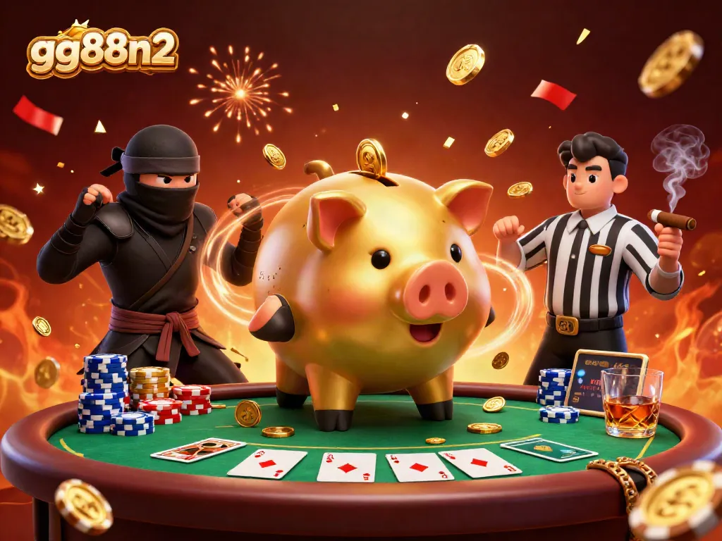 Experience thrilling action with gg88n2 as golden coins rain down in a lively casino scene featuring epic characters.