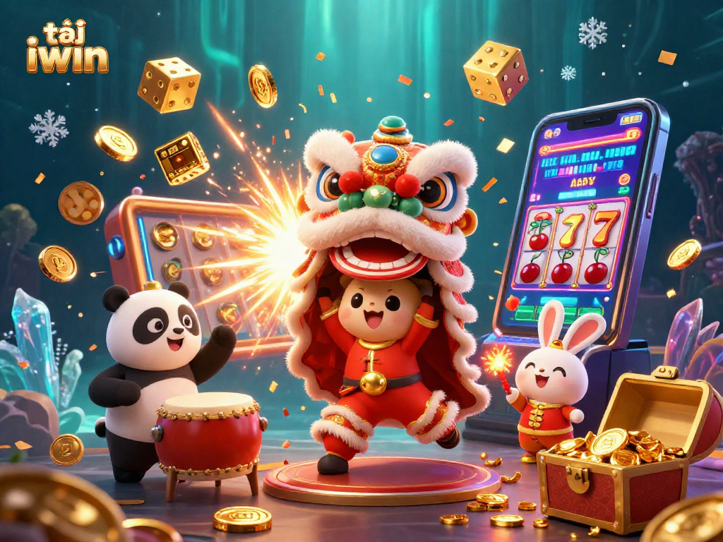 Experience the joy of tải iwin with a lively scene of a lion dance and vibrant casino elements in a festive ambiance.