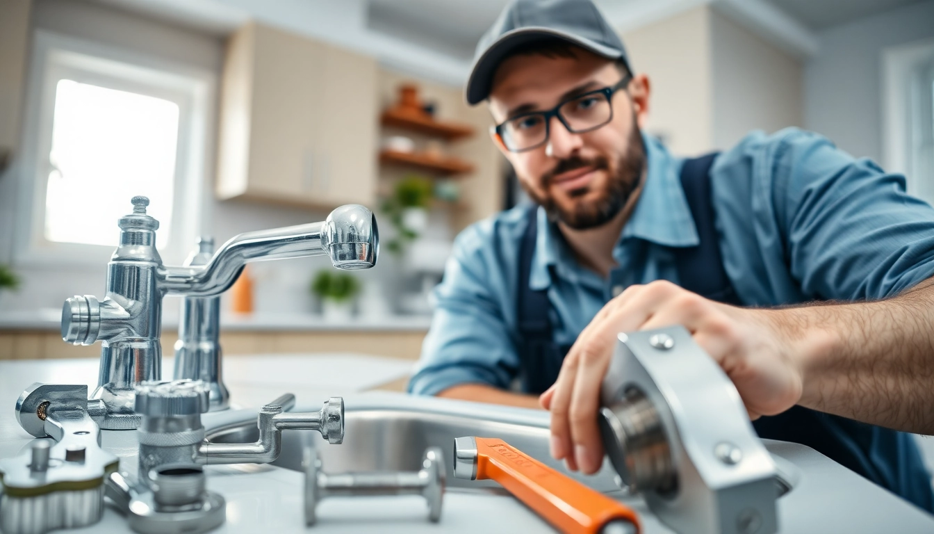 Plumber near me fixing a modern sink in a bright kitchen environment.