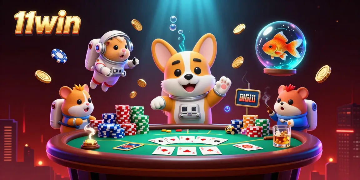 Join the fun at 11win's space casino as the corgi floats among poker action!
