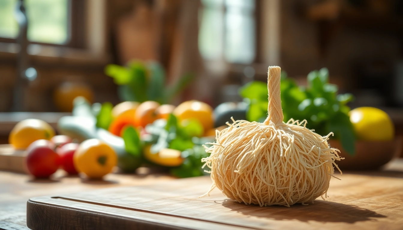 Explore kitchen loofah benefits with a textured close-up in a rustic kitchen.