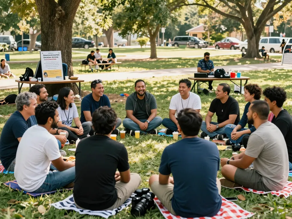Supportive outdoor gathering of men in a manclub, promoting friendship and community bonding.