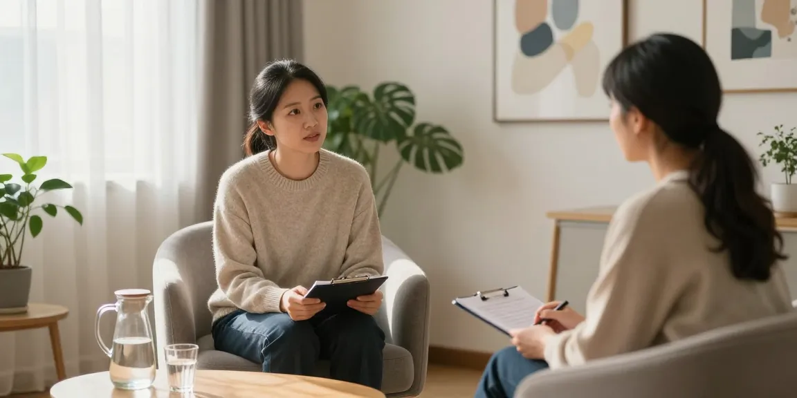 Therapist engaging with a patient about 抑鬱症 in a calming therapy room.