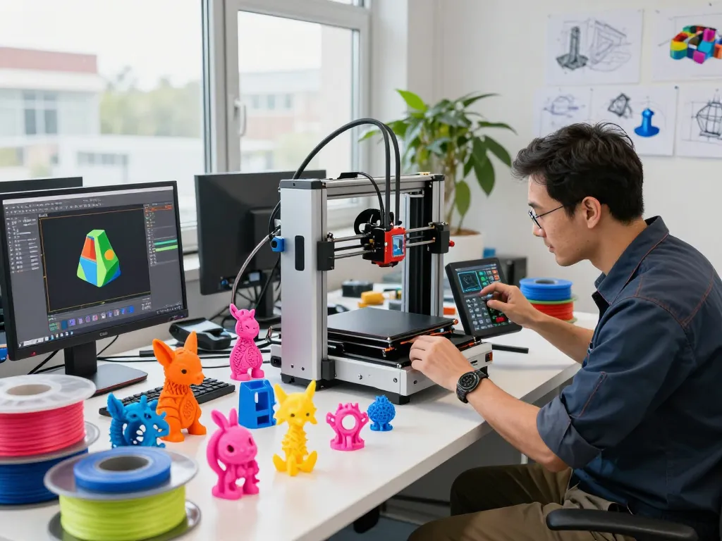 Engineer adjusting a 3D printer in a vibrant workshop filled with colorful models and design elements, showcasing innovation in 3D Printing.