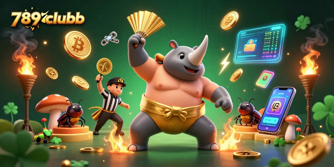 Engage in thrilling gameplay with 789clubb featuring a sumo champion beetle celebrating victories under golden coins.
