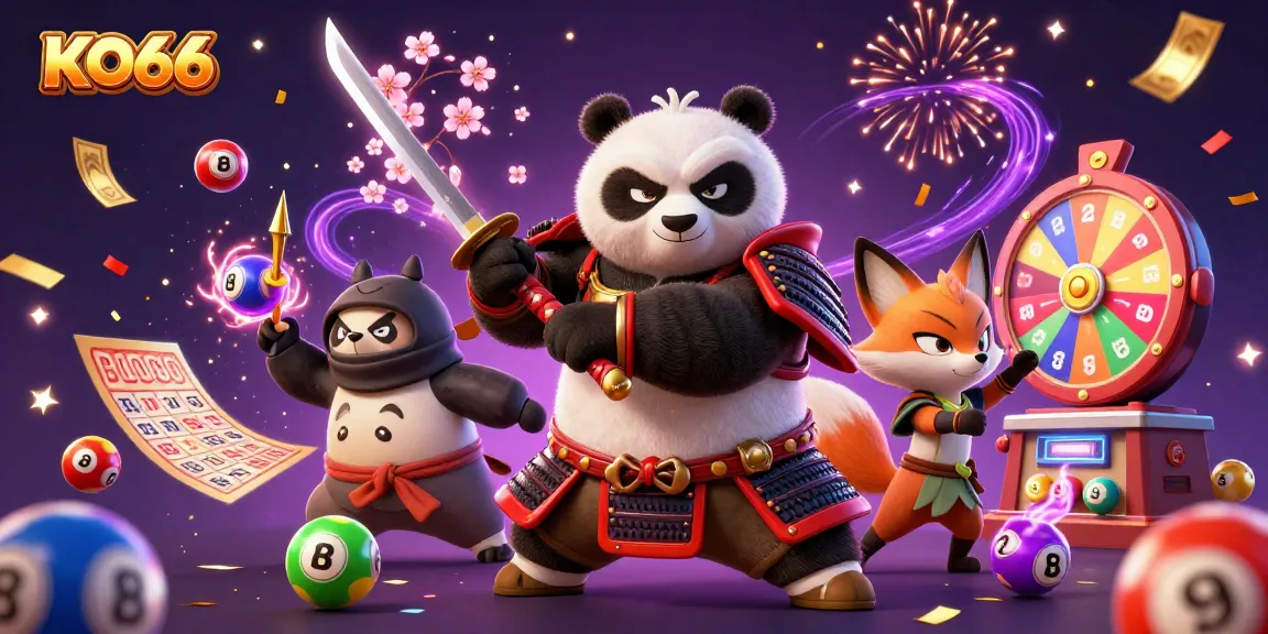 Watch KO66 come alive with a samurai panda, ninja fox, and magical tanuki in an exciting casino scene!