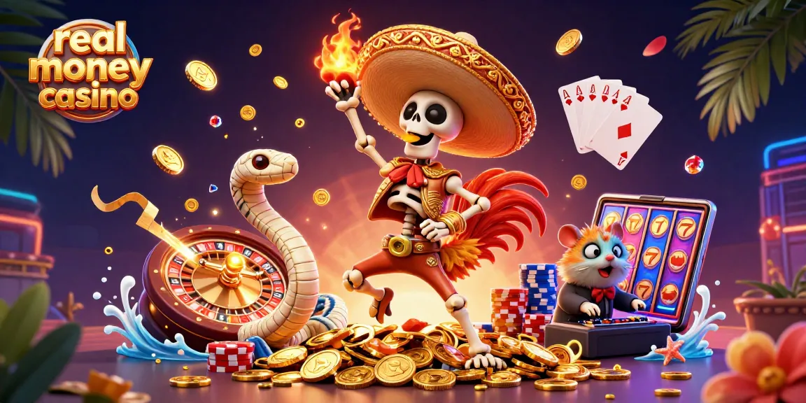 Join the excitement at a real money casino with a festive 3D celebration of games and winnings.