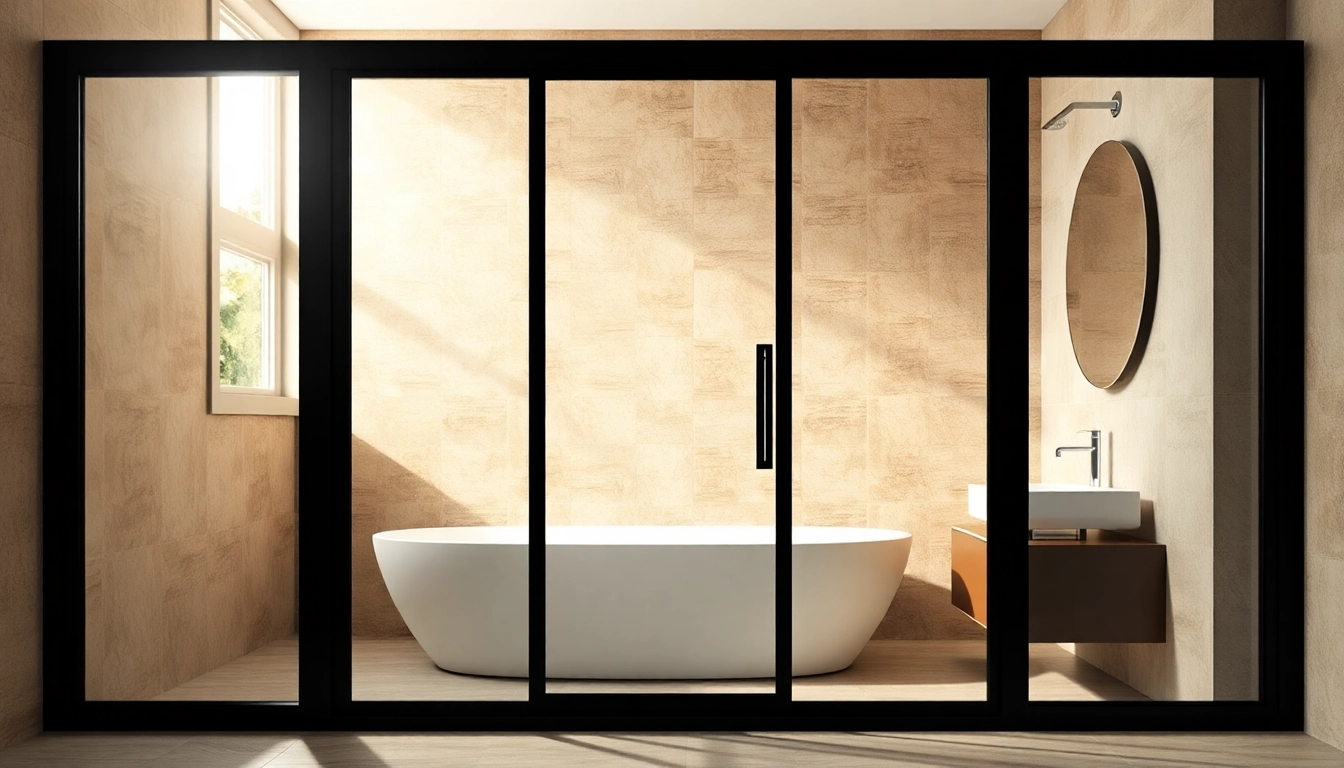 Elevate your bathroom aesthetics with a black shower door in a modern setting.