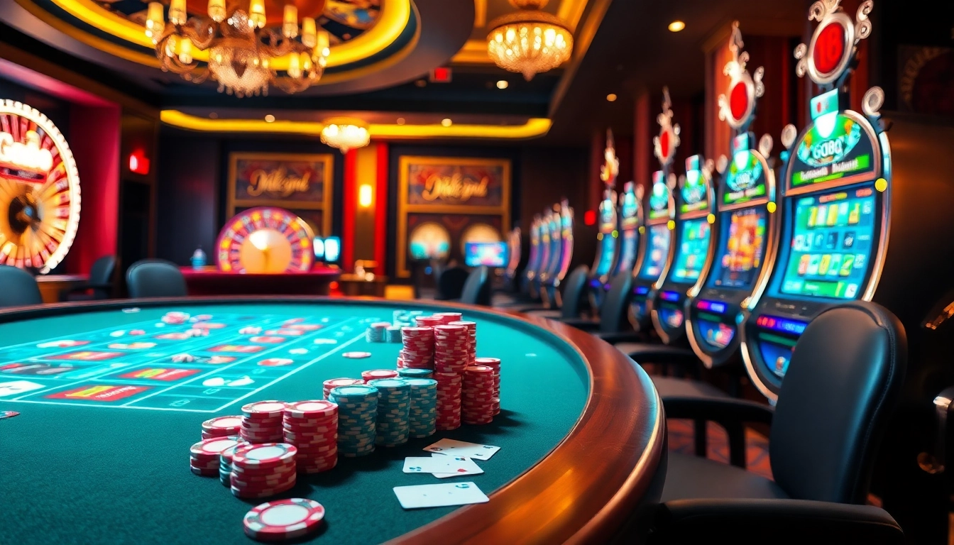 GO88 casino scene with vibrant tables, colorful chips, and engaging games, showcasing excitement.
