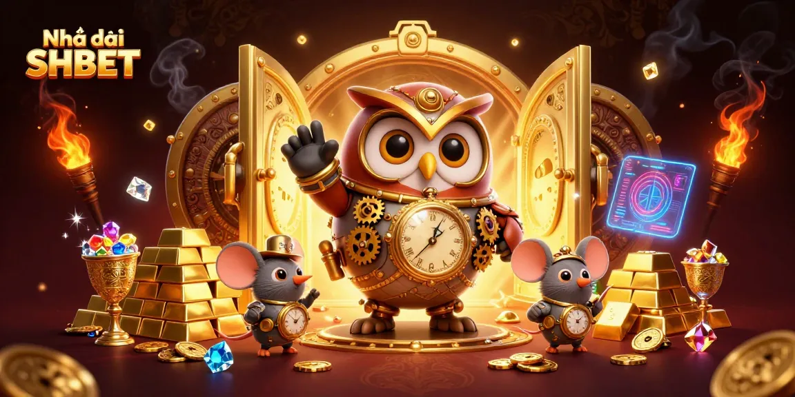 Experience the thrill of gambling with Nhà cái SHBET's vibrant 3D casino art featuring an owl and gems.