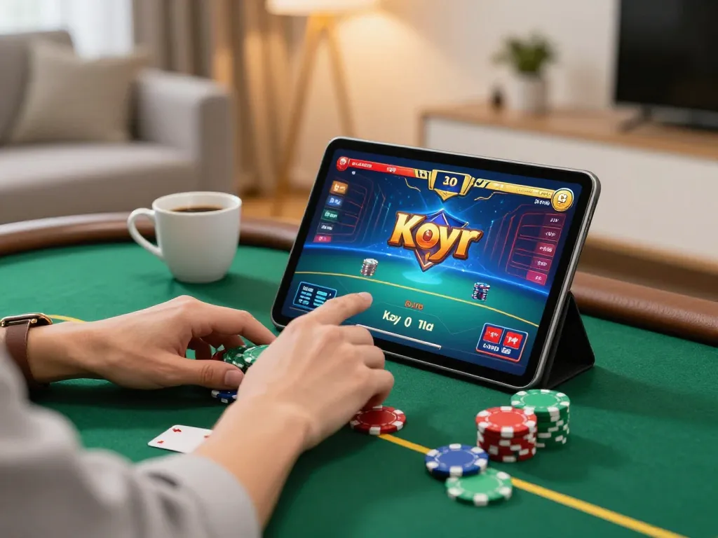 Sunwingo online poker gameplay with strategic chip placement in a cozy home setting.