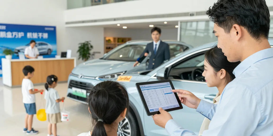 Family reviewing a car history check UK report at a dealership.