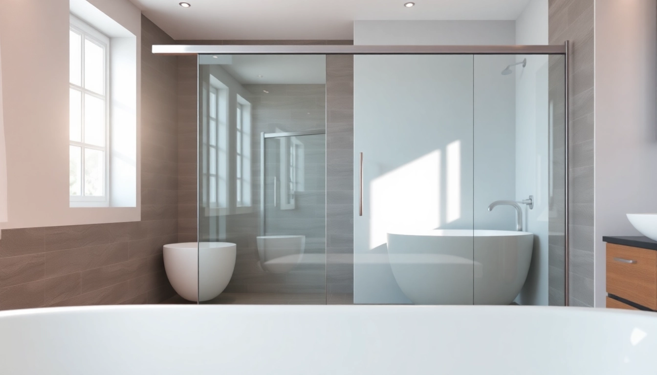 Showcase of stylish shower doors sliding, highlighting modern glass design and luxury bathroom.