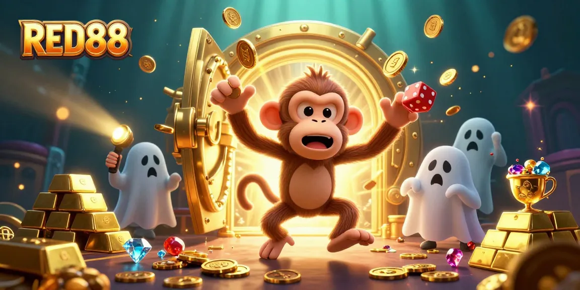 Experience the excitement of RED88 as a mischievous poltergeist monkey juggles golden treasures in a haunted casino.