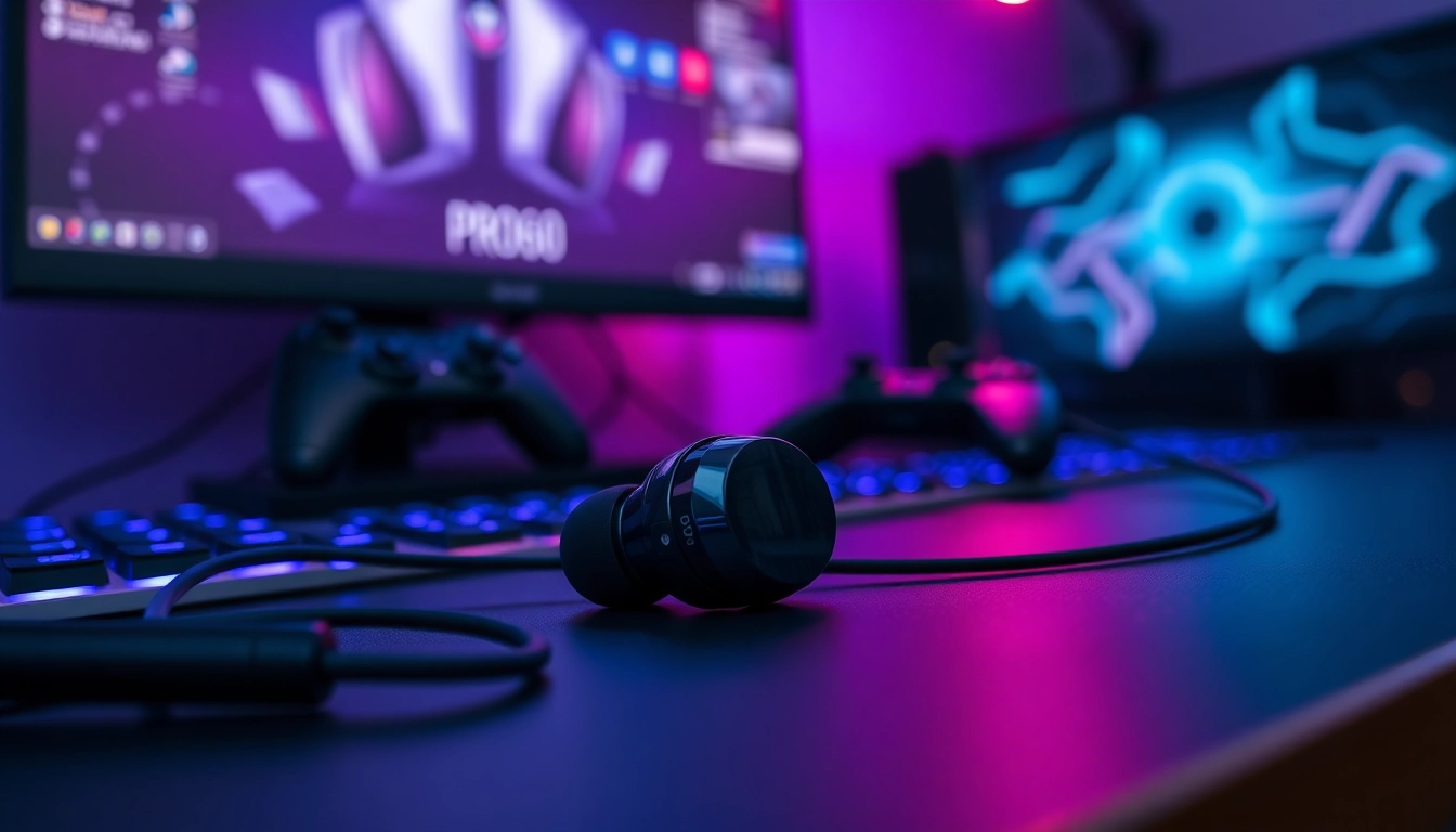 Showcasing the PRO60 Gaming Earbuds with sleek design and ambient gaming setup lighting.