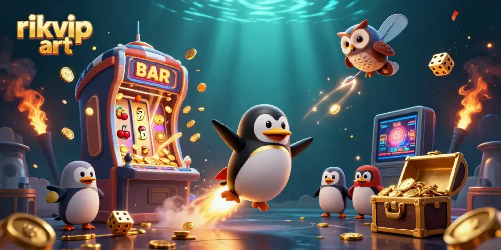 Engage with thrilling rikvip art as the golden penguin blasts through a vibrant casino-themed galaxy.